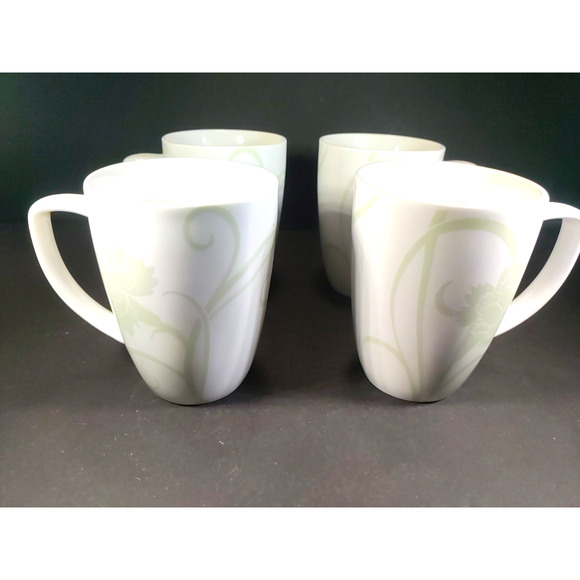 Corelle Coffee Cup Lot Of 4 White Green Floral - Picture 1 of 10